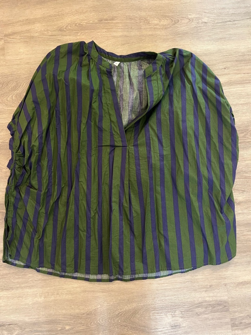 glam Olive Green and Navy Striped V-Neck Blouse